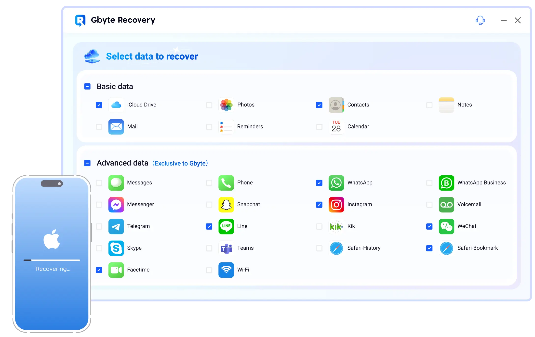Gbyte iOS Recovery iPhone data recovery dashboard